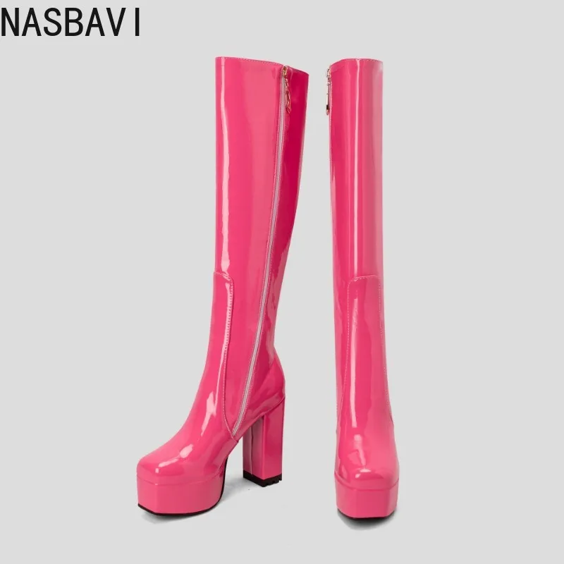 Retro Women Round Toe High Heel Boots Fashion Silver Glod Cosplay Knee High Boots for Women Plus Size Zipper Boats Mujer Shoes