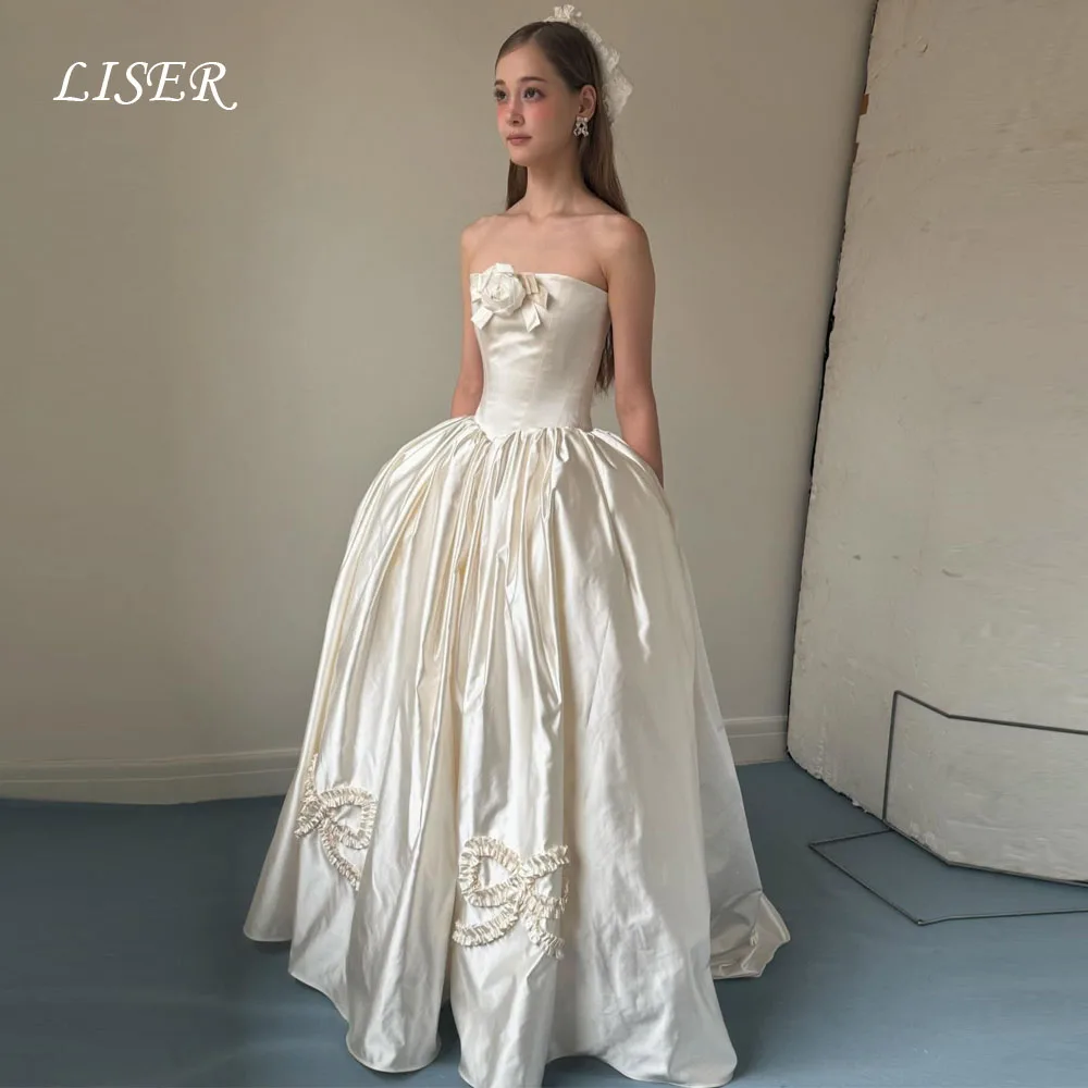 Liser Strapless A-Line Simple Korea Wedding Dresses Flower Taffeta Silk Customized Photo Shoot Elegant Long Bridal Gowns 웨딩드레스