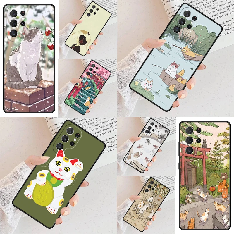 Japanese Cat Culture Aesthetic Art Cell Phone Case for Samsung Galaxy S26 Ultra S25 S24 S23 S22 S21 S20 Note10 Cover