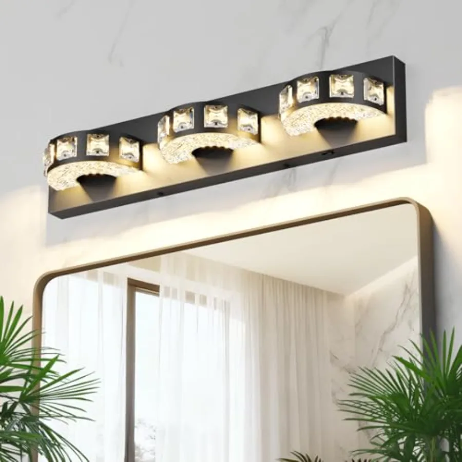 

Modern Bathroom Vanity Lights 21.6inch 24W 5 Color Temperature Black Vanity Light 3-Light, Dimmable Crystal Bathroom Light Fixt
