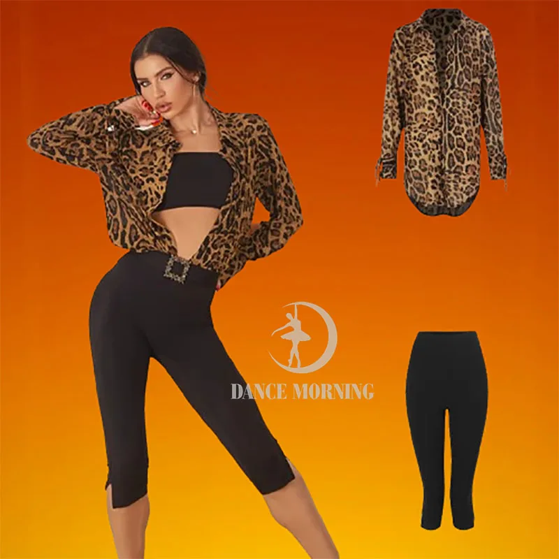 zym Abito da ballo latino abito latino leopardo nero Abito da tango Rumba ChaCha con frange abiti latini donna con taglio posteriore 25080