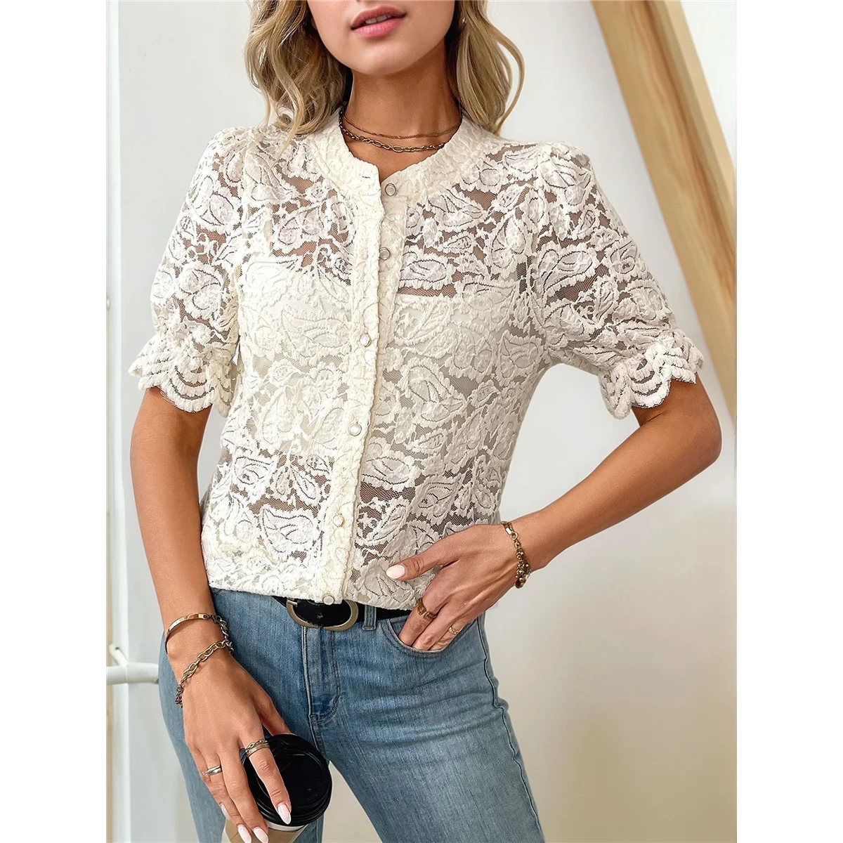Womens Lace Short Puff Sleeve Casual Eyelet Crew Neck Button Down Shirts XL