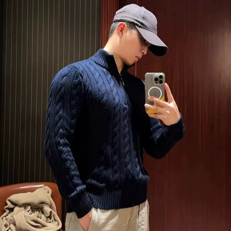 

Мужской и женский вязаный свитер с высоким воротником и молнией, ленивый полосатый узор, базовый слой, внутренний осенне-зимний теплый топ