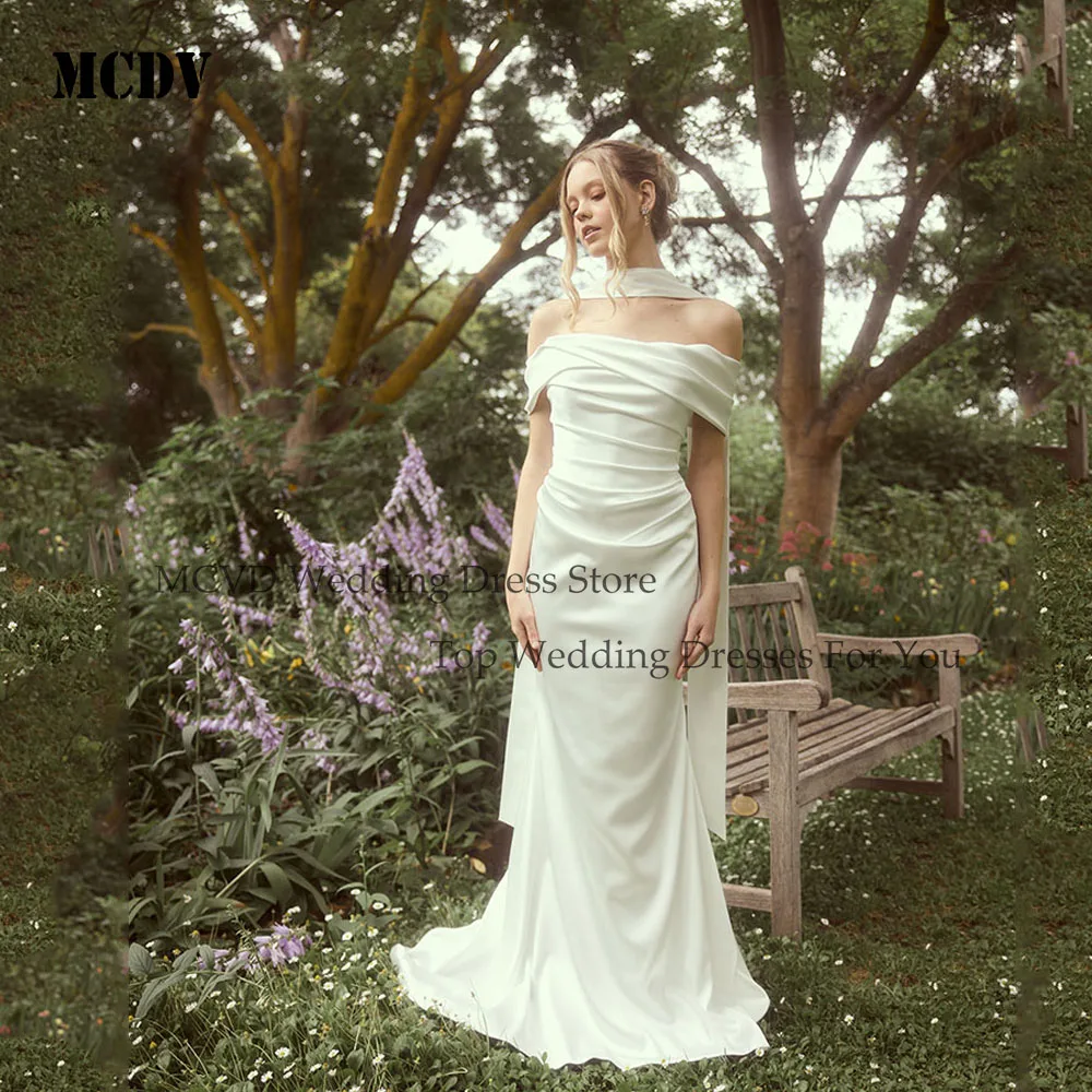 

MCDV Satin Weddings Dresses Bridal With Ribbons Mermaid Strapless Pleat Vestido De Festa Elegante Feminino Luxo Customized