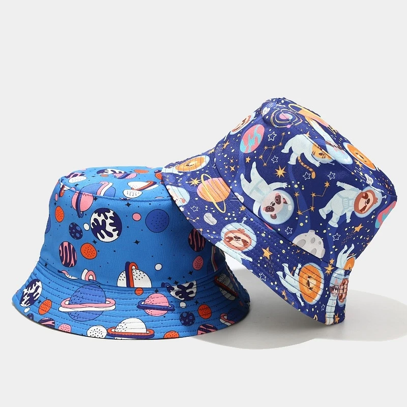 Space Print Bucket Hat For Women Men, Cute Astronaut Animal & Planet Pattern Fisherman Cap, Casual Outdoor Sun Hat For Teens