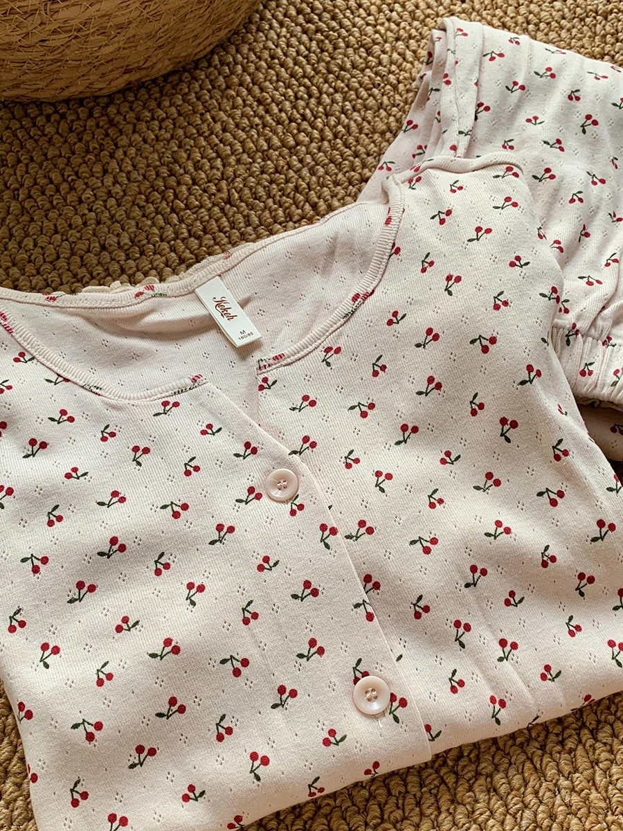 

Cherry Eyelet Long Sleeve T-shirt Pant Set Women Buttons Tees+Drawstring Straight Pants Vintage Cotton Home Pajama 2 Piece Sets