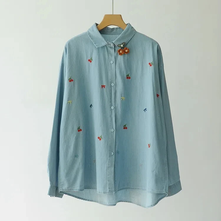 Mori kei fashion Japanese style cherry embroider denim shirts and blouses women autumn cotton jean shirt cute cothes