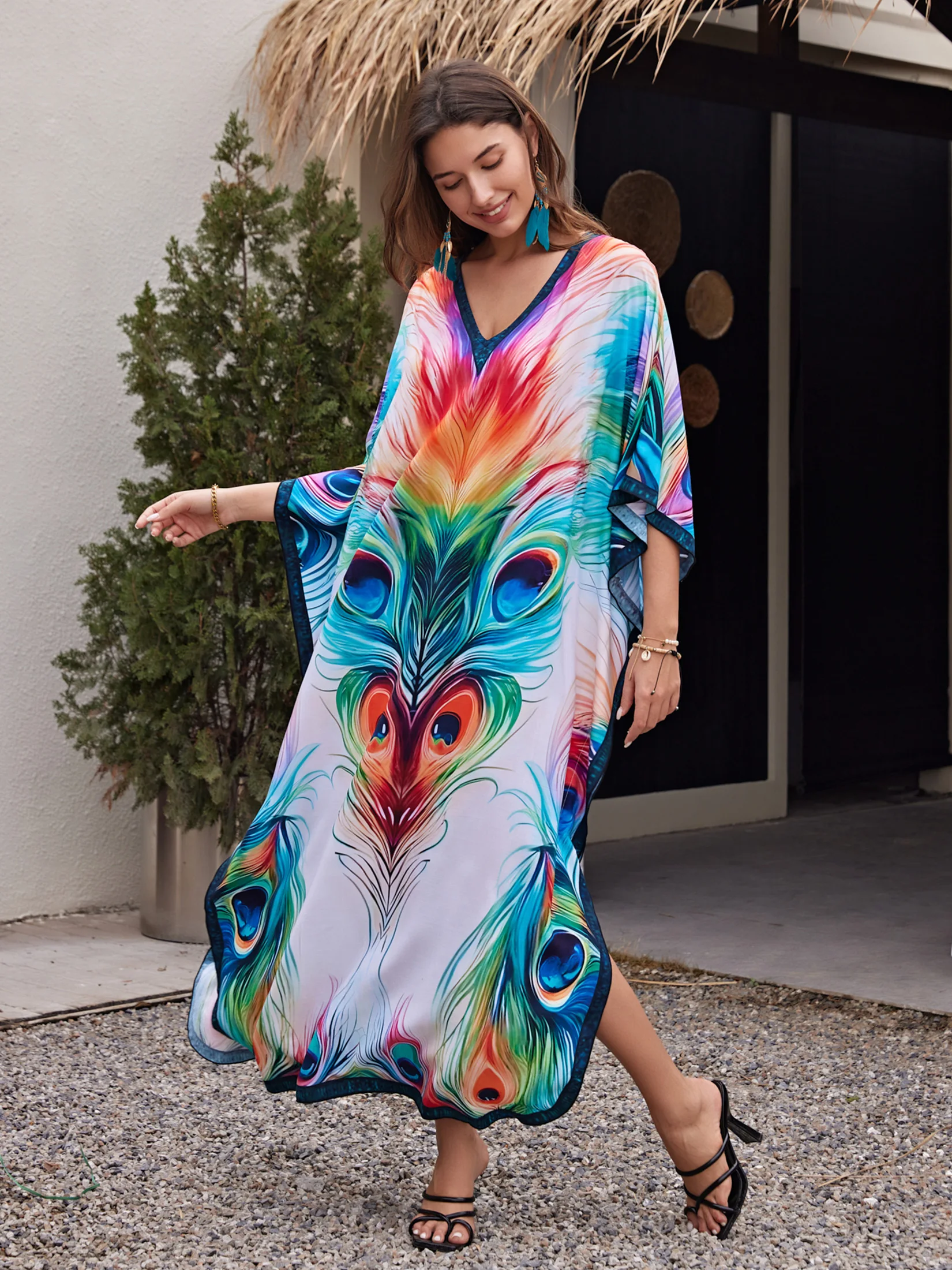 Peacock Printed Bohemian V Neck Batwing Sleeve Kaftan Beach Dress For Women Clothing 2024 Summer Vacation Moo Moo Dreses Q1638