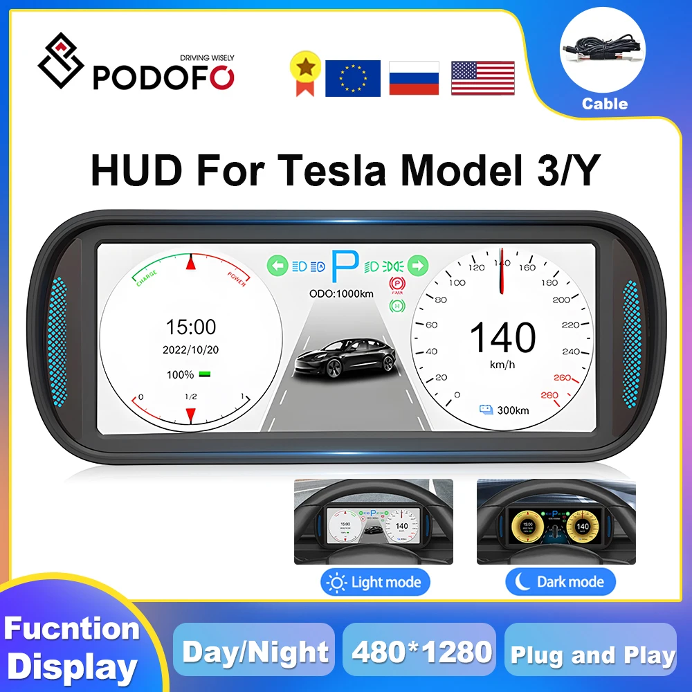 

Podofo 6.8inch HD IPS Hud Head-up Display For Tesla Model 3 / Y Front Screen Dashboard Speedometer Gauge Cluster Plug and Play