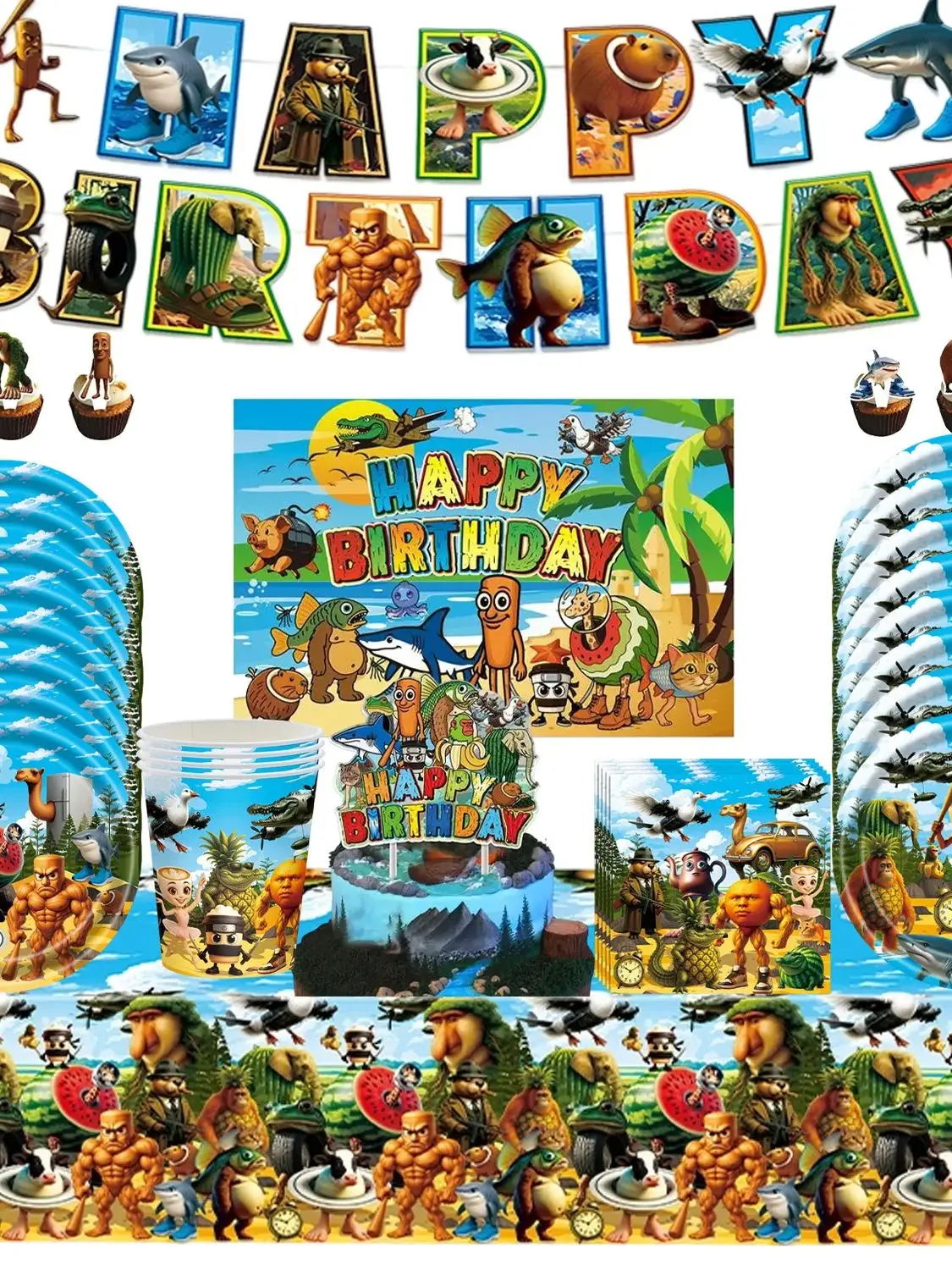 Dessin animé Tung & Tung Tung Sahur décoration de fête d'anniversaire vaisselle ballon tasse assiette bannière cadeaux de fête fournitures de fête pour enfants