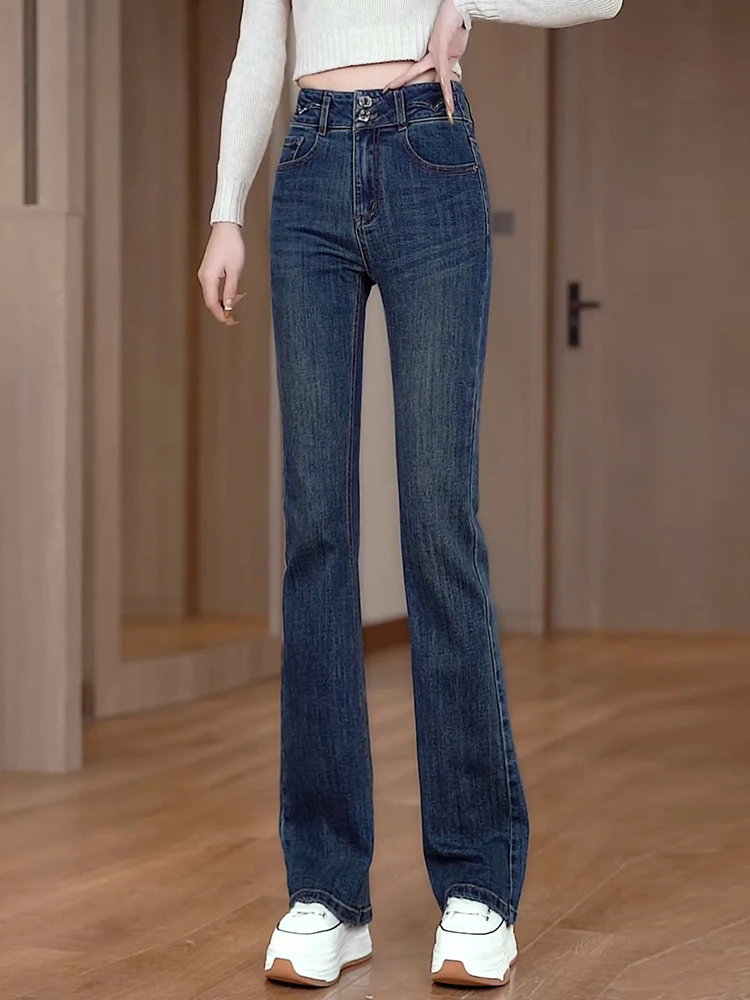 

High Waist Slim Fit Retro Flared Jeans Women's Spring Autumn Capri Pants Korean Style Cotton Polyester Blend Breathable