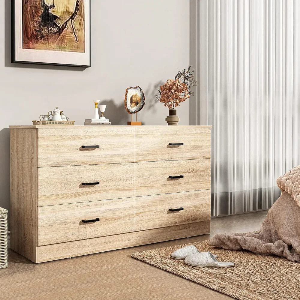 6 Drawer Wood Double Dresser with Metal Handles for Bedroom, 15.8