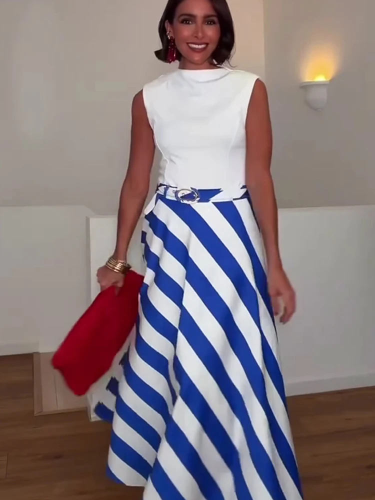 Elegant Women Striped Belt Skirt Chic Contrasting Colors Casual A-Line Skirt 2026 Summer Fashion Ladies Holidays Midi Skirts
