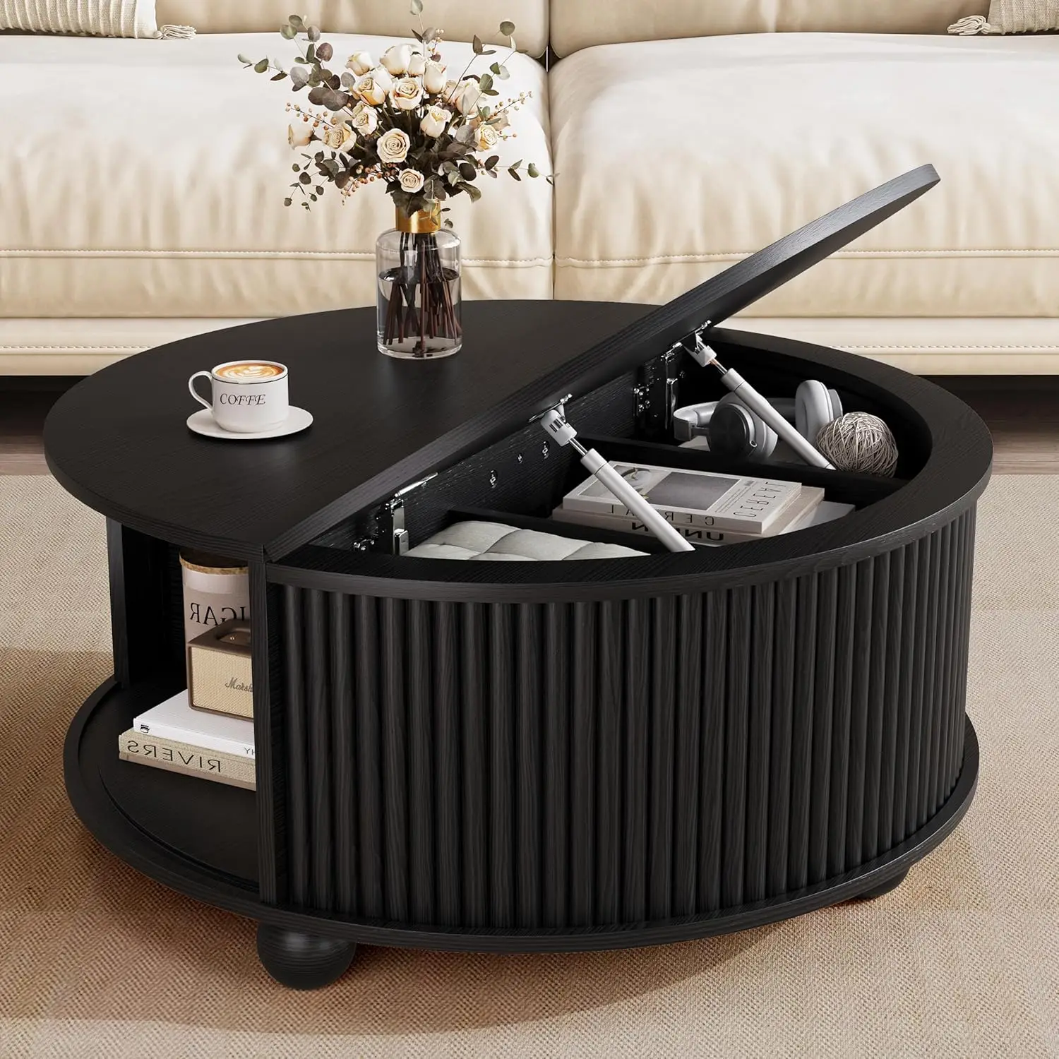 

Fluted Round Coffee Tables,31.5" Mid Century Modern Circle Drum Table with Storage, Accent Coffee Table, Customized