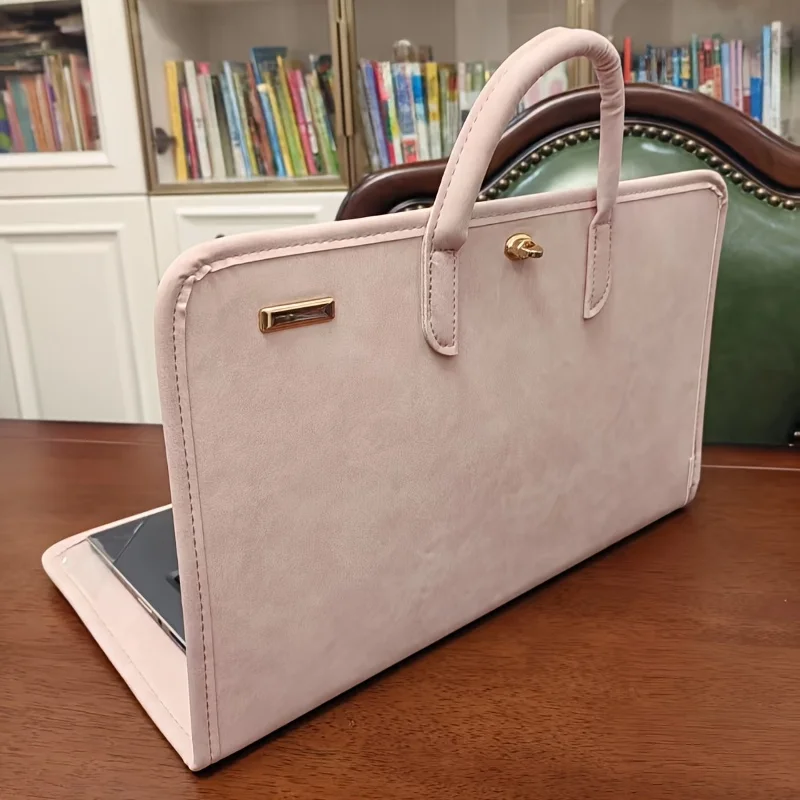 

Pink Faux Leather Laptop Sleeve - 1pc Portable Computer Case with Handle - Protective Cover for Notebook