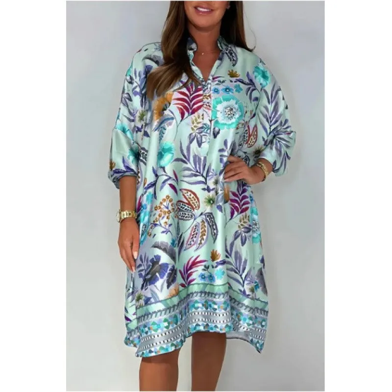 Vintage kwiatowy Print damska sukienka 2025 letnia nowa z długim rękawem do kolan koszula sukienka Boho sukienka na wakacje luźna na co dzień Vestidos