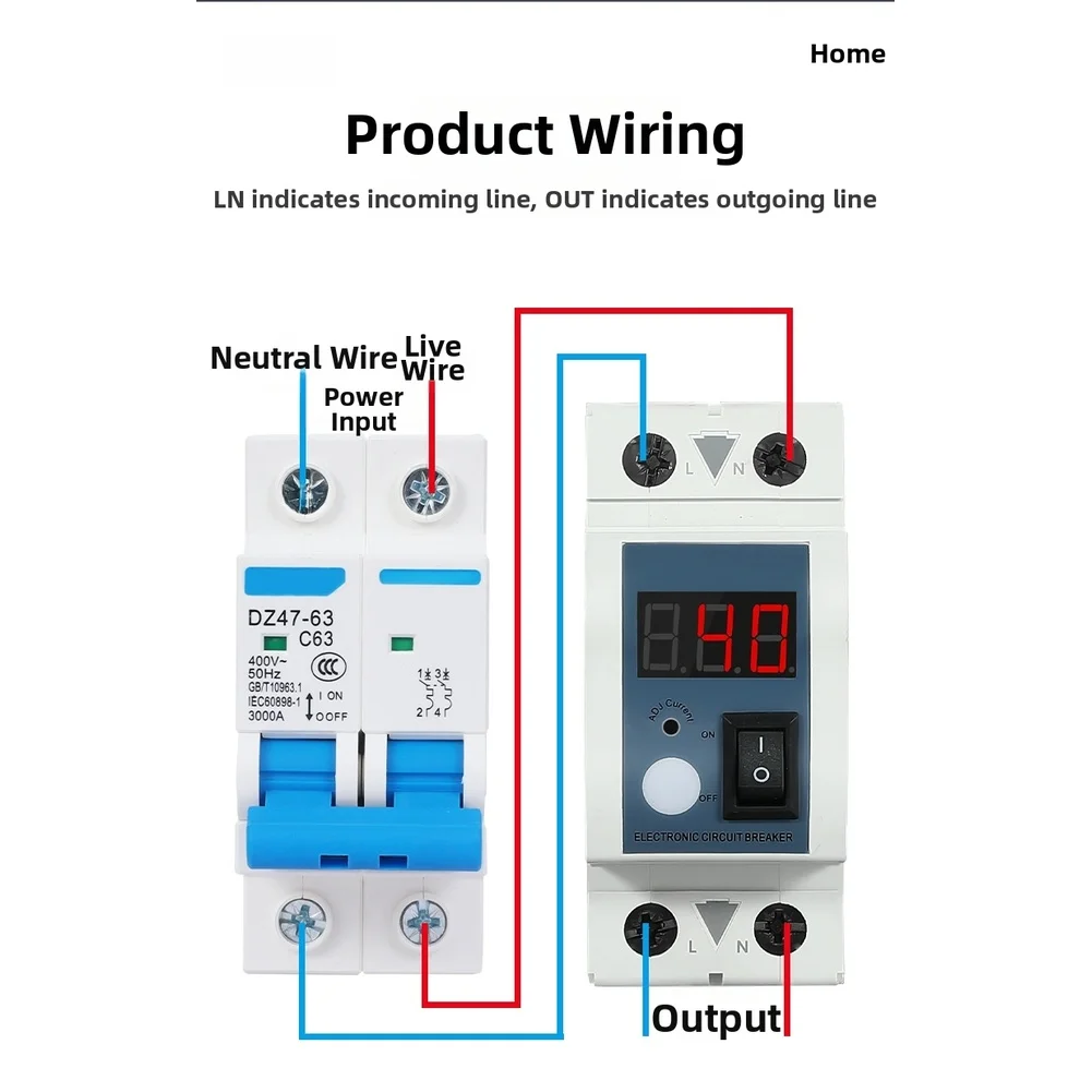 Adjustable 1-40A Overcurrent Protection Device with Auto Recovery LED Readout and Compatibility with Standard Rails
