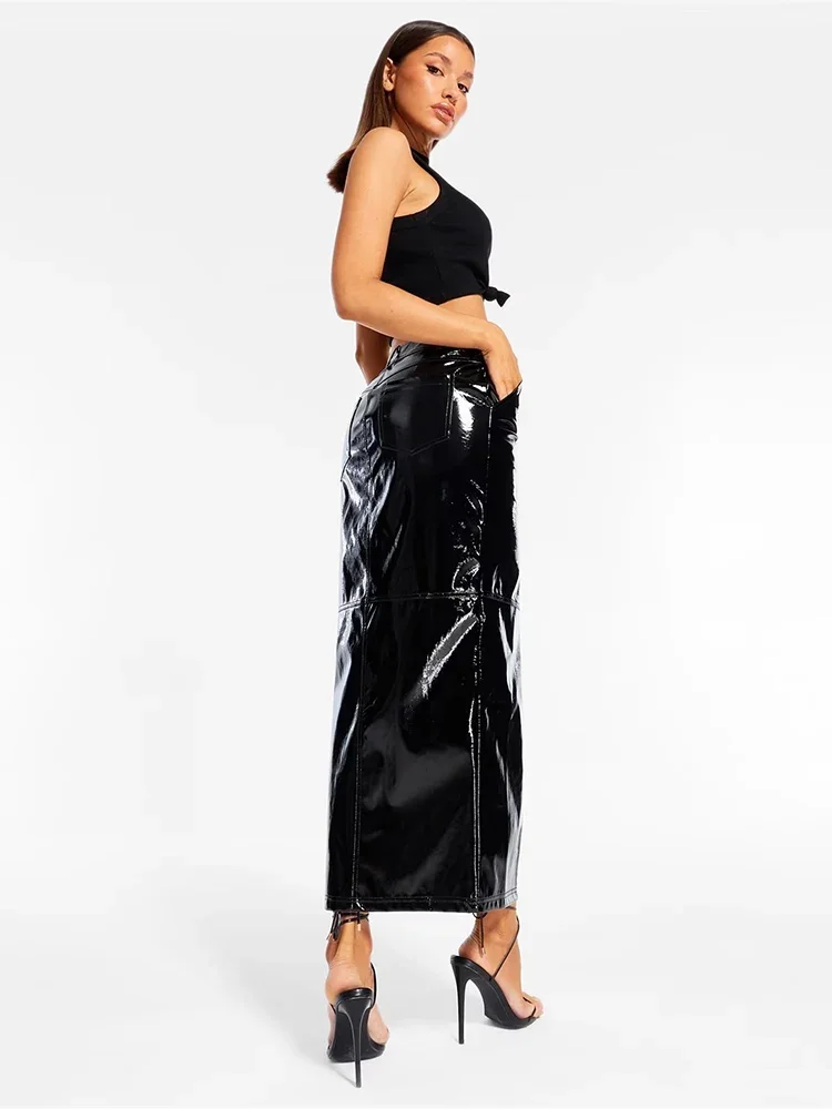 Women Gothic Shiny Faux Leather Midi Skirt Ladies Splicing Faux Latex High Split PU Skirt Party Support Clubwear Custom New