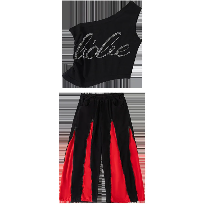 Girl Kpop Hip Hop Clothing Black One Shoulder Stone Crop Tank Top Red Casual Zipper Wide Leg Pants for Kid Dance Costume Clothes