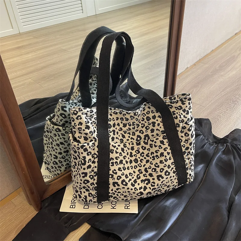 Bolsa de ombro de lona leopardo para mulheres sacolas de grande capacidade, bolsa casual, viajante universitário, praia, viagem, moda, 2024