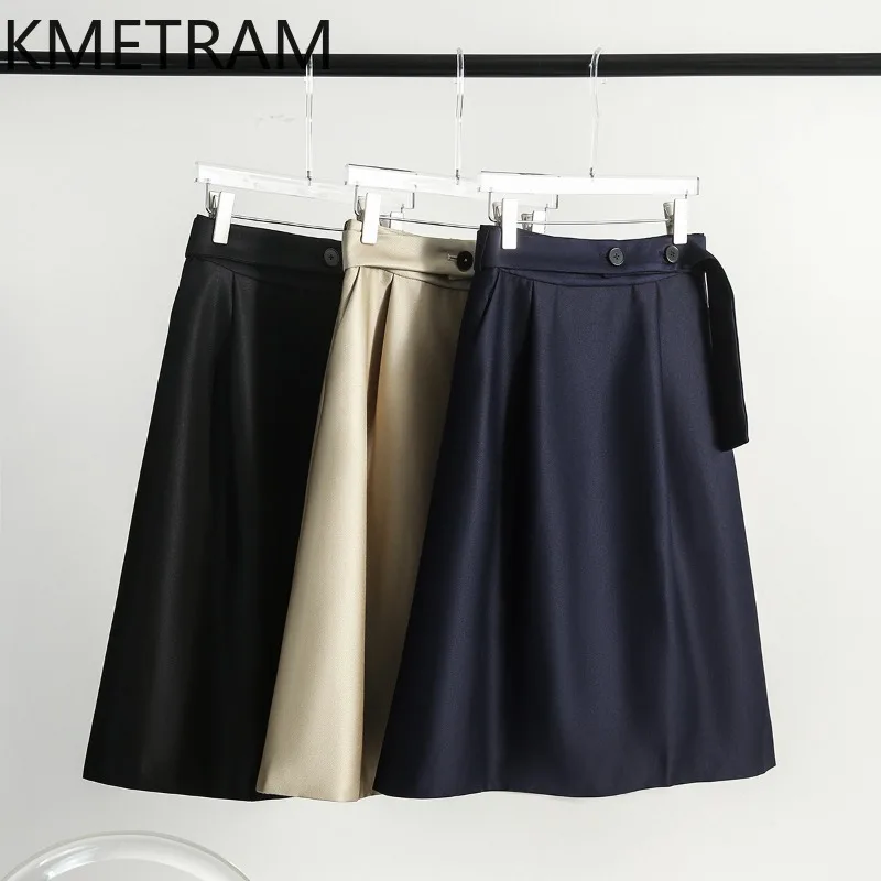 KMETRAM Women's Skirts Pear Shaped Friendly High Waist A-line Midi Skirt Summer Casual Office Skirts 2026 Woman Clothing faldas