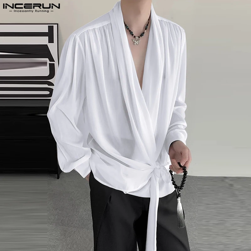 INCERUN Tops 2024 Men Summer Tie Up Chiffon Slightly See-through Shirts Leisure Male Well Fitting Thin Long Sleeved Blouse S-5XL