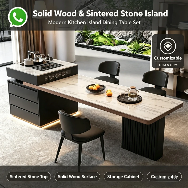 Solid Wood & Sintered Stone Kitchen Island Table, Multifunctional Tea Desk with Drawer Storage for Home Tea Room Furniture