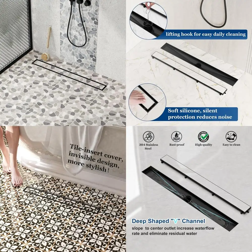 

24-Inch Linear Shower Drain with Tile Insert Grate, Matte Black Stainless Steel Rectangle Floor Drain for Modern Bathrooms