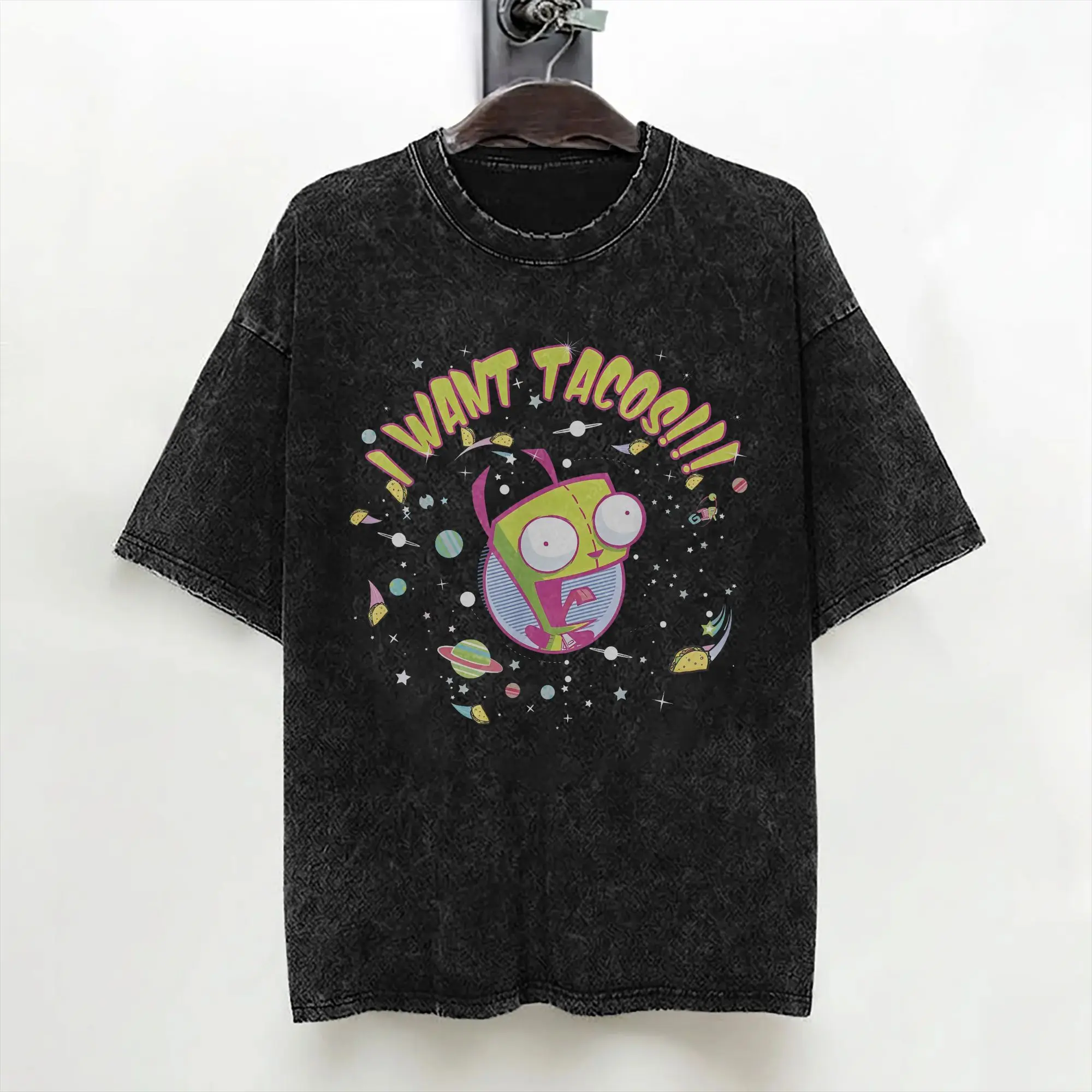 Cartoon Invaders Zim Gir Washed T Shirt Streetwear Cool T-Shirts  Tees Tops for Men Women 100% Cotton Street Printed