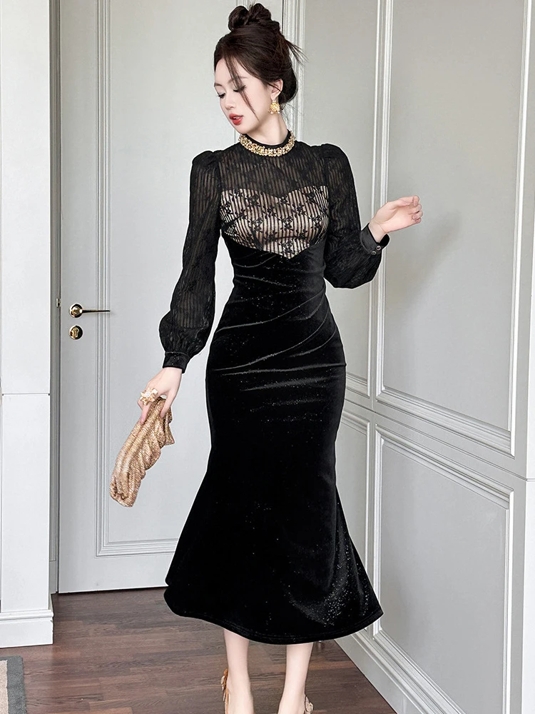 ملابس حريمي مكونة من قطعتين من الدانتيل المخملي الشفاف بأكمام منتفخة فستان حورية البحر النحيف أنيق للحفلات المسائية رداء فيستدو أنيق للربيع