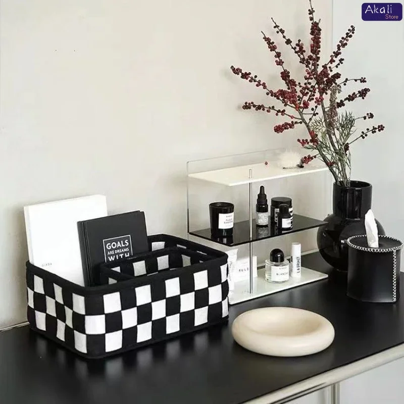 2026Black and White Checkered Storage Basket Desktop Cosmetics Storage Organizer Snack and Toy Storage Basket Home Decor view 5