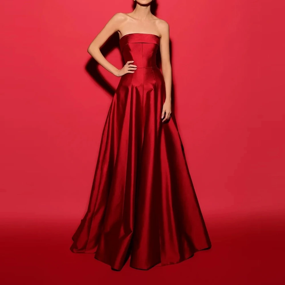 

Simple Red Women's Evening Dress Strapless Slimming Long Pleat Fluff A-Line Prom Dresses Floor Length Evening Party Dresses