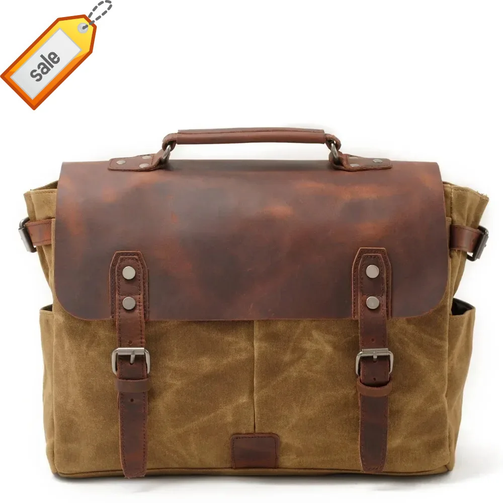 

M014 New Canvas Cow Leather Briefcase Casual Vintage Crossbody Bussiness Shoulder Messenger Bag For Women Unisex