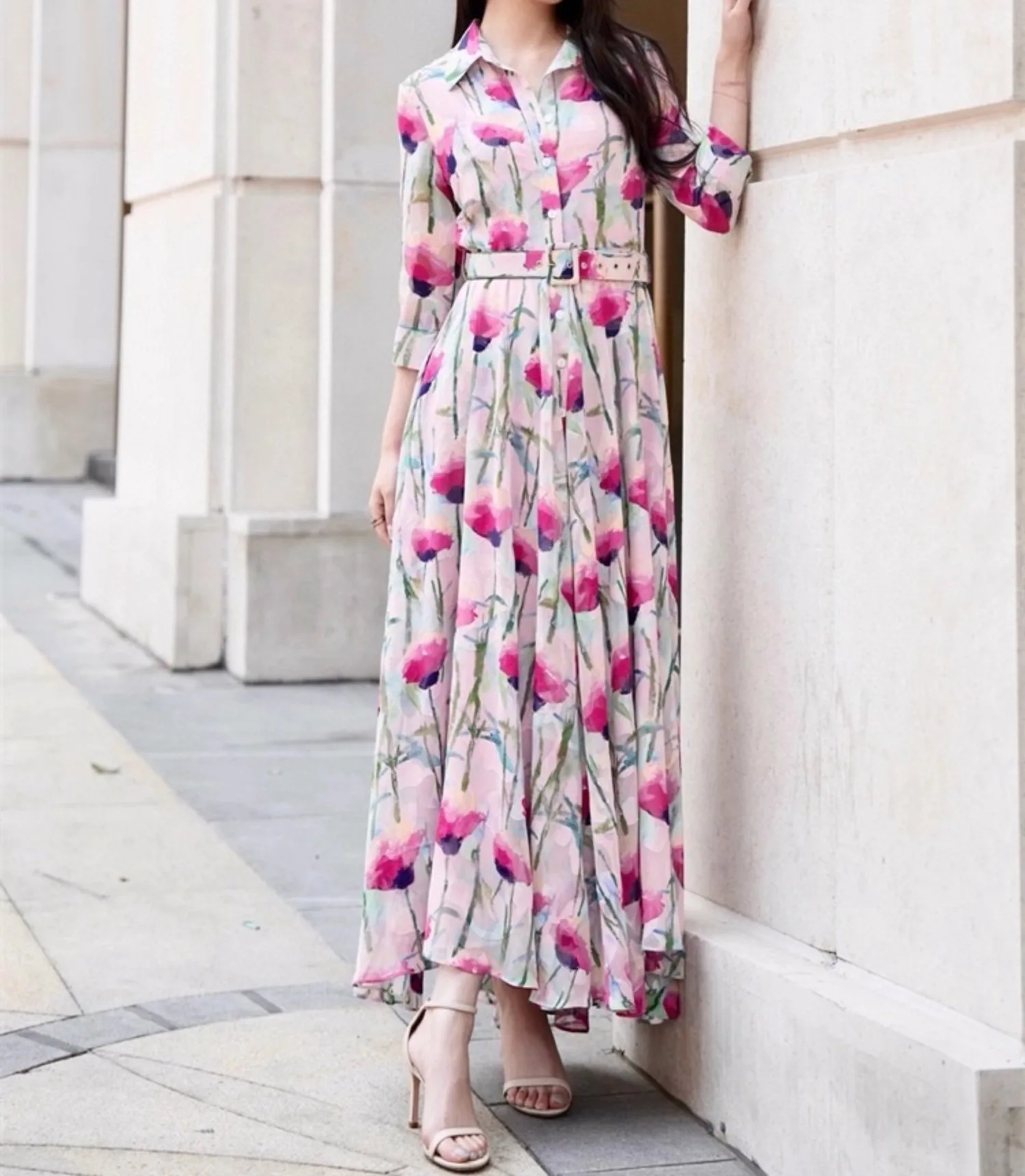 

Элегантное платье с розовым принтом, женское однобортное платье макси с длинным рукавом, облегающее уличное платье, шикарная тканевая женская весенняя одежда