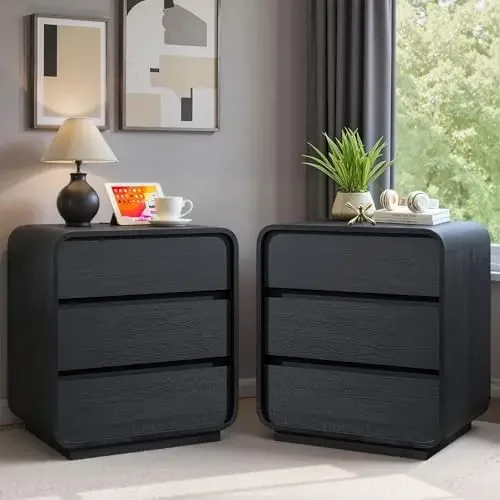 Black Curved Night Stand Set of 2 with Charging Station, 25