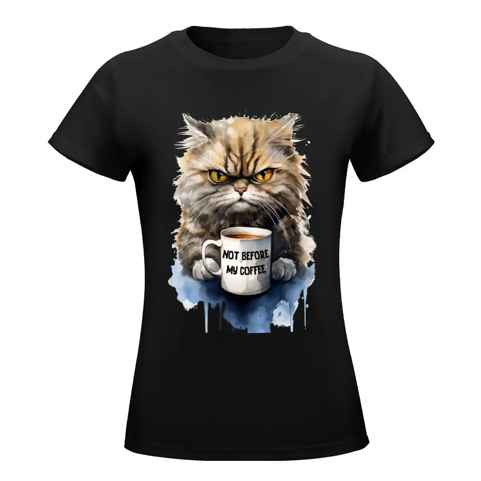 Not Before My Coffee Angry Morning Cat Grumpy Coffee-Drinker Watercolor T-Shirt sweat oversized workout shirts for Women