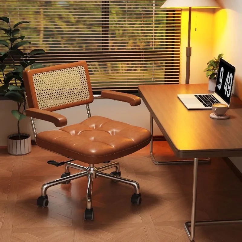 Retro medieval rattan woven solid wood armrest computer chair home study bedroom comfortable sedentary lift rotating learning