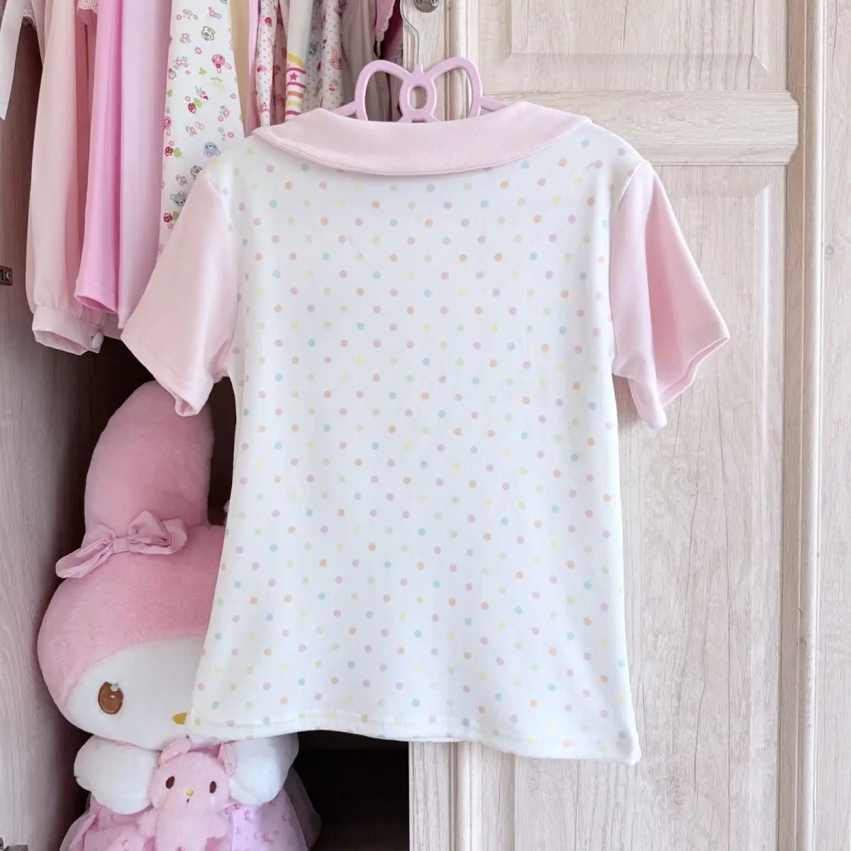 Japanese Sweet Cute Peter Pan Collar Cartoon Mp Embroidery Polka Dot Print Jojifuku Short-sleeved T-shirt Girl Short Tshirts