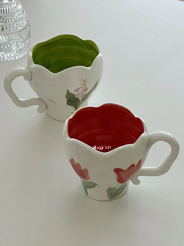 Tazas de Cerámica Pintadas a Mano con Diseño de Tulipanes y Campanillas, Estilo Coreano, para Café, Leche, Uso Doméstico y para Mejores Amigos