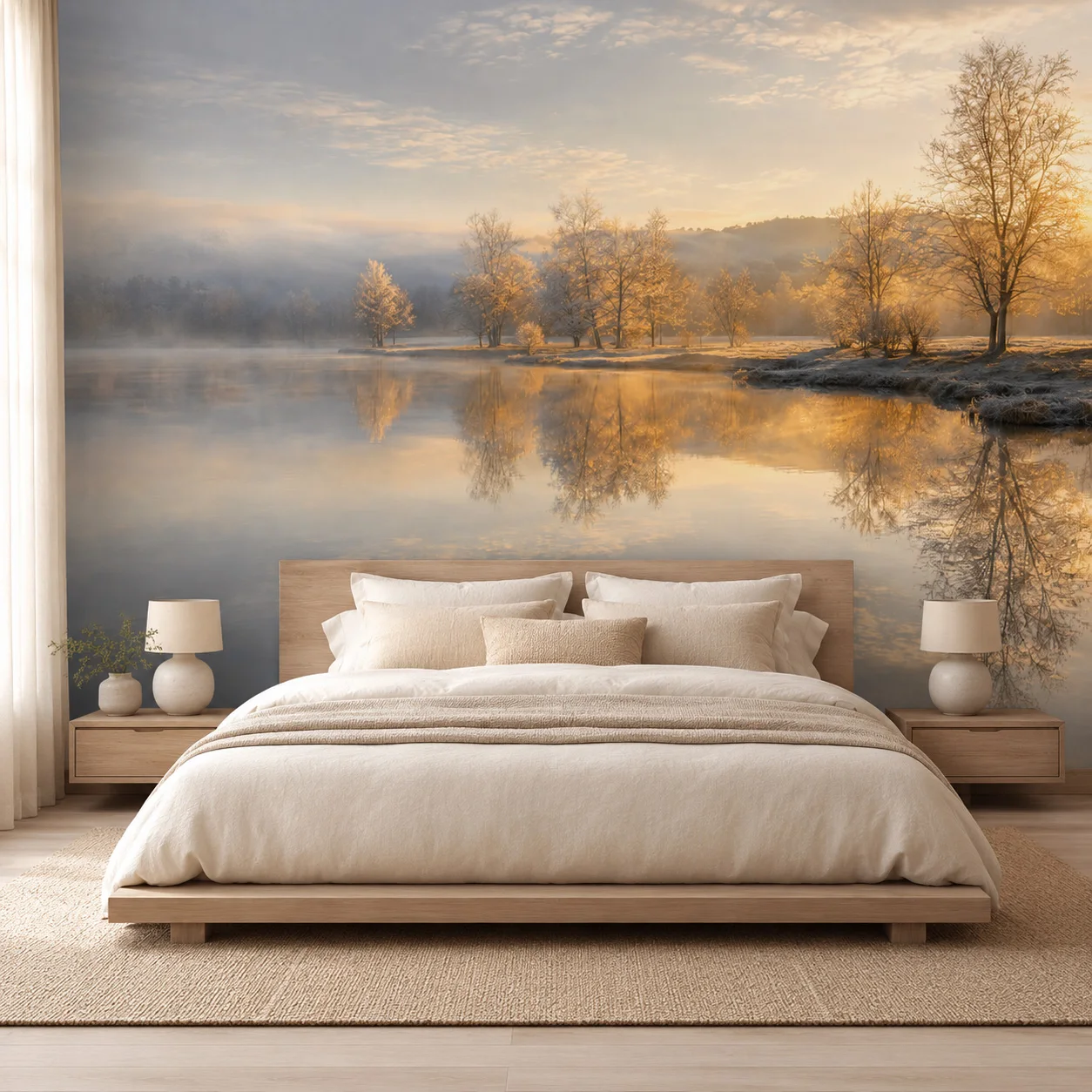 Misty Winter Lake Wallpaper Mural Golden Sunrise Forest Landscape Wall Decor Living Room Bedroom Non Self Adhesive