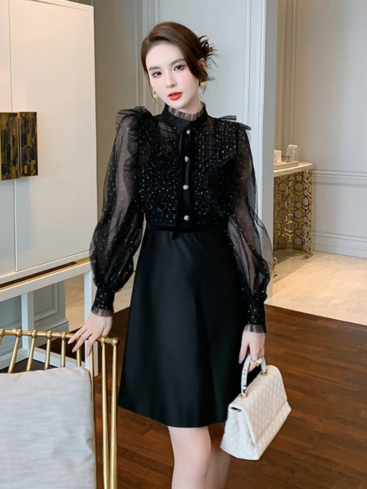 Moda feminina ol vintage suporte pescoço puff manga mini vestido de festa elegante temperamento malha perspectiva lantejoulas preto vestido feminino