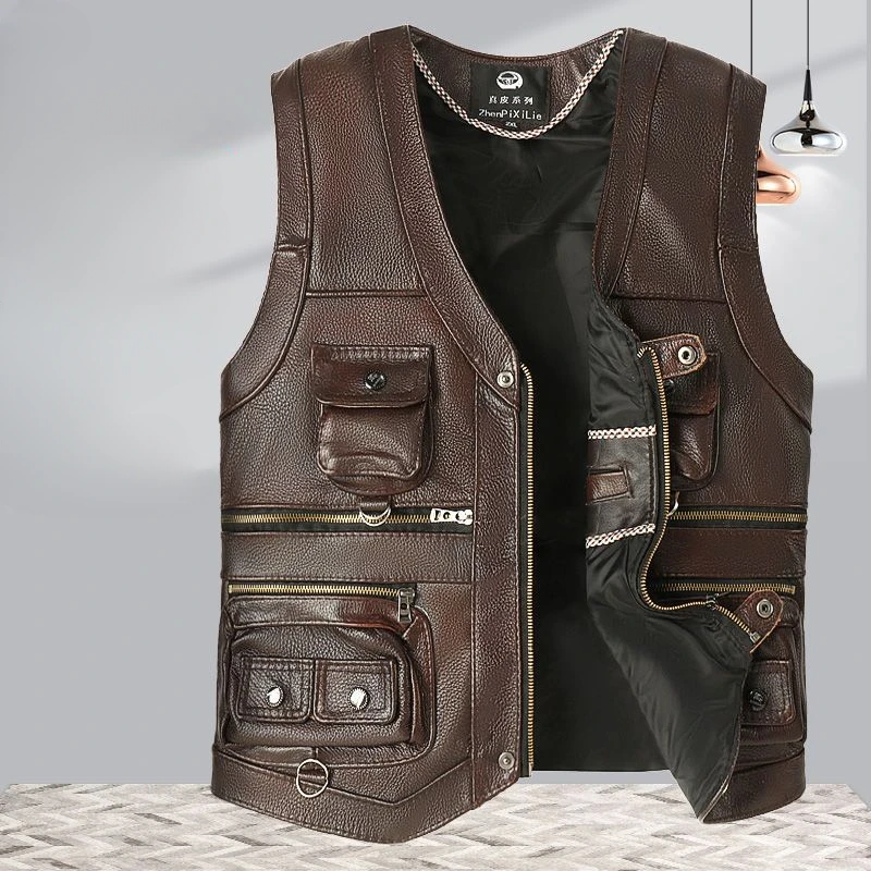 

2024 Men Spring Autumn New Cowhide Genuine Leather Vest Mens Slim Fit Real Leather Waistcoat Male Multi Pocket Zipper Vest D372