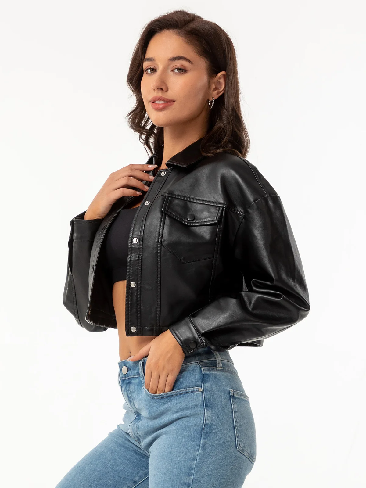 Summer new loose casual leather jacket female long-sleeved single-breasted ladies short PU jacket lapel fashion