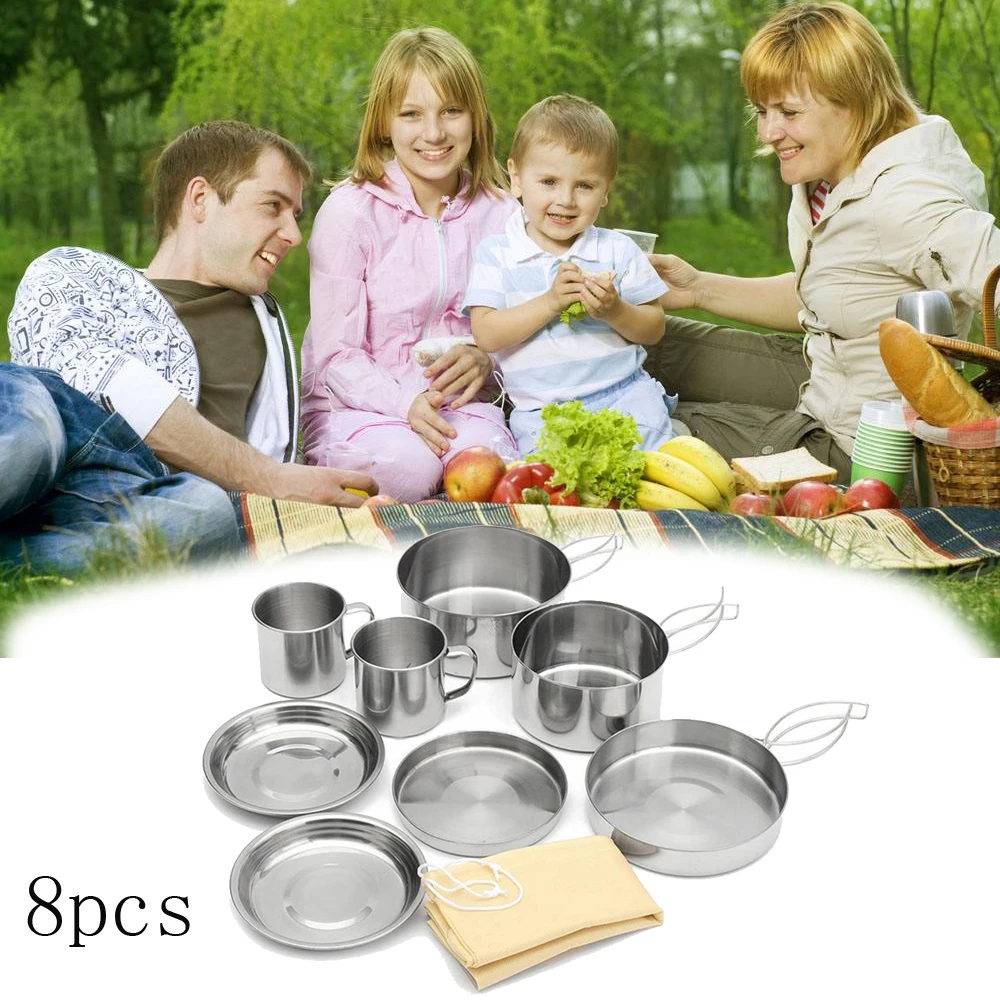 

8pcs Camping Pot Set Durable Portable Cookware Travel Outdoor Equipment Lightweight Foldable Handle Cooking Tool Set