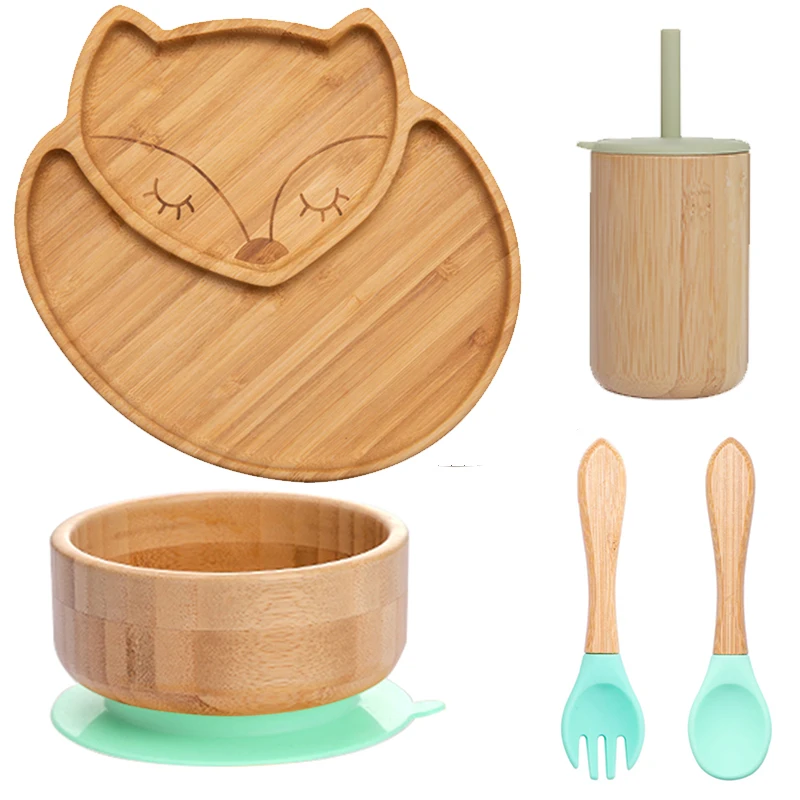 Mordida morde 5 pçs/set utensílios de mesa para crianças prato tigela garfo colher copo sucção alimentação alimentos utensílios de mesa de bambu bpa livre antiderrapante