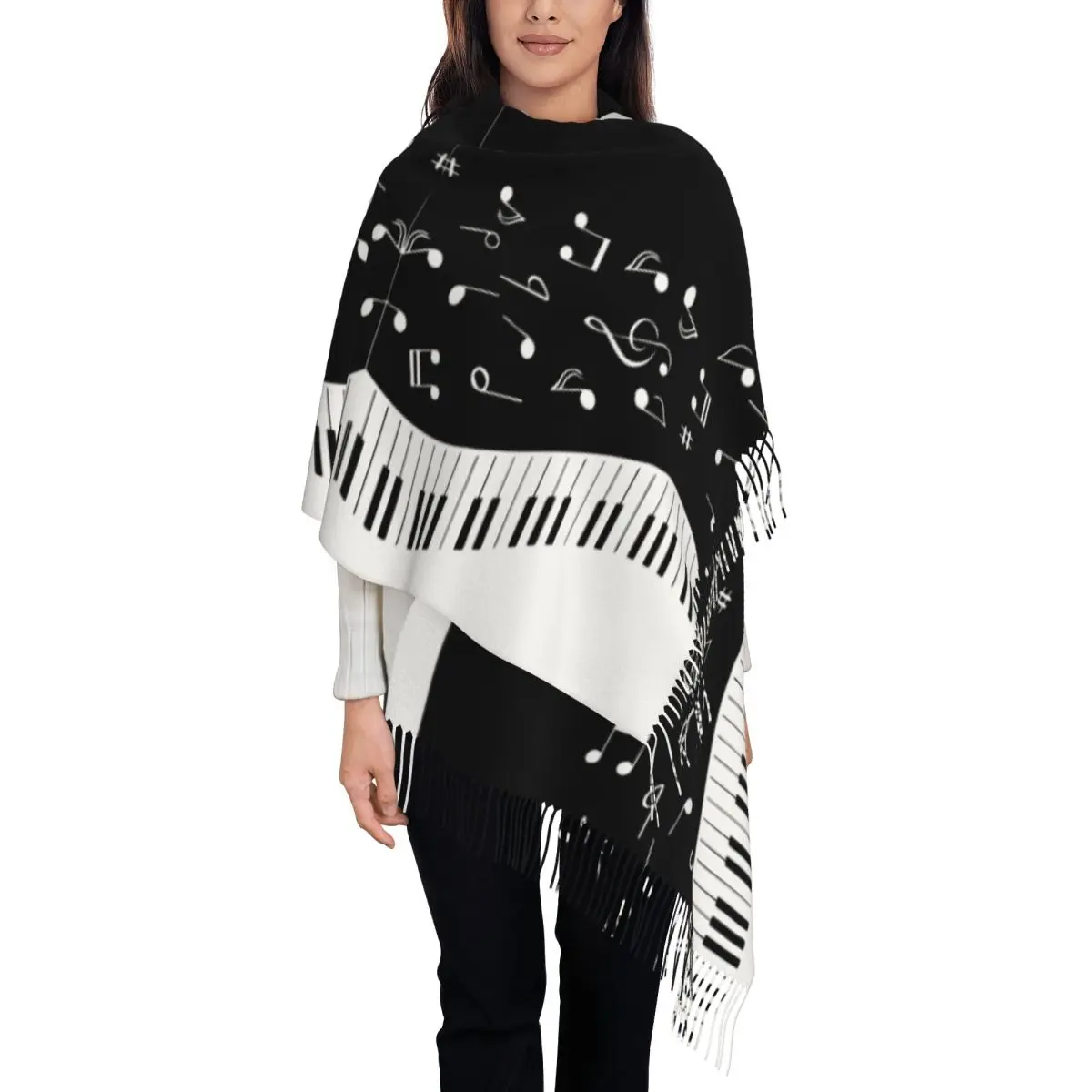 Women's Tassel Scarf Music Notes & Piano Keys Leggings Long Winter Warm Shawl and Wrap Music Musician Pianist Cashmere Scarf