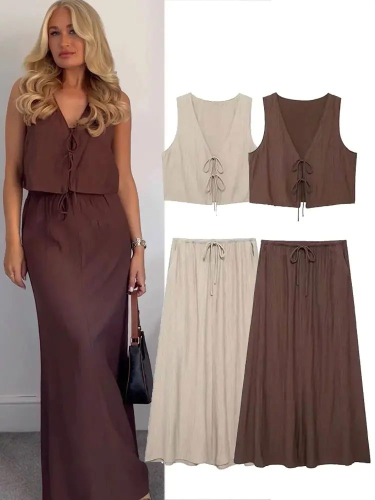 

HH женский уличный жилет, комплект из 2 предметов, шикарный текстурированный жилет без рукавов с v-образным вырезом на шнуровке + повседневный костюм с юбкой на шнуровке с высокой талией