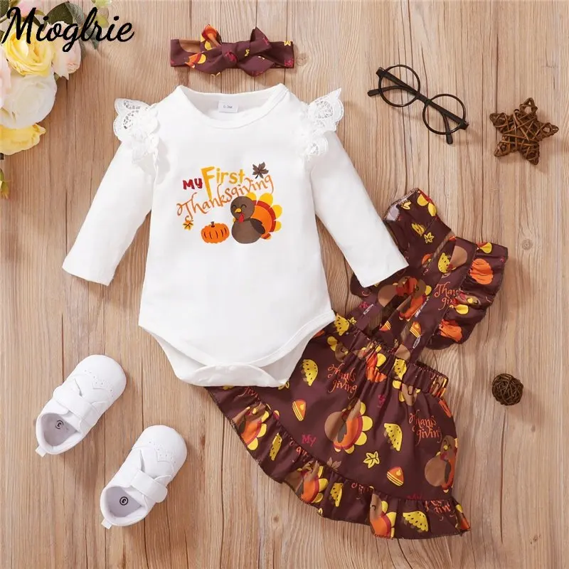 

0-24 Months Newborn Baby Girl Thanksgiving Day Partywear 3PCS Clothes Set Long Sleeve Bodysuit + Suspender Skirt + Headband