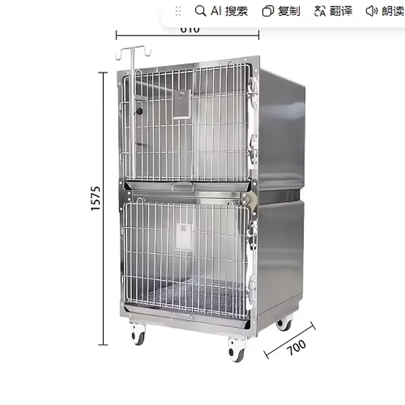 Heavy 2 Door Stainless Steel Pet Crate with Wheels, Mobile Pet Boarding Cage