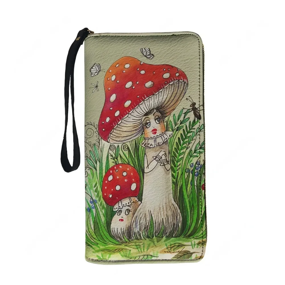Cute Mushroom Print Custom Wallet Purse Mens Womens Teenagers Zipper Long Wallets Double Print  Portable Wallet Gift Bag